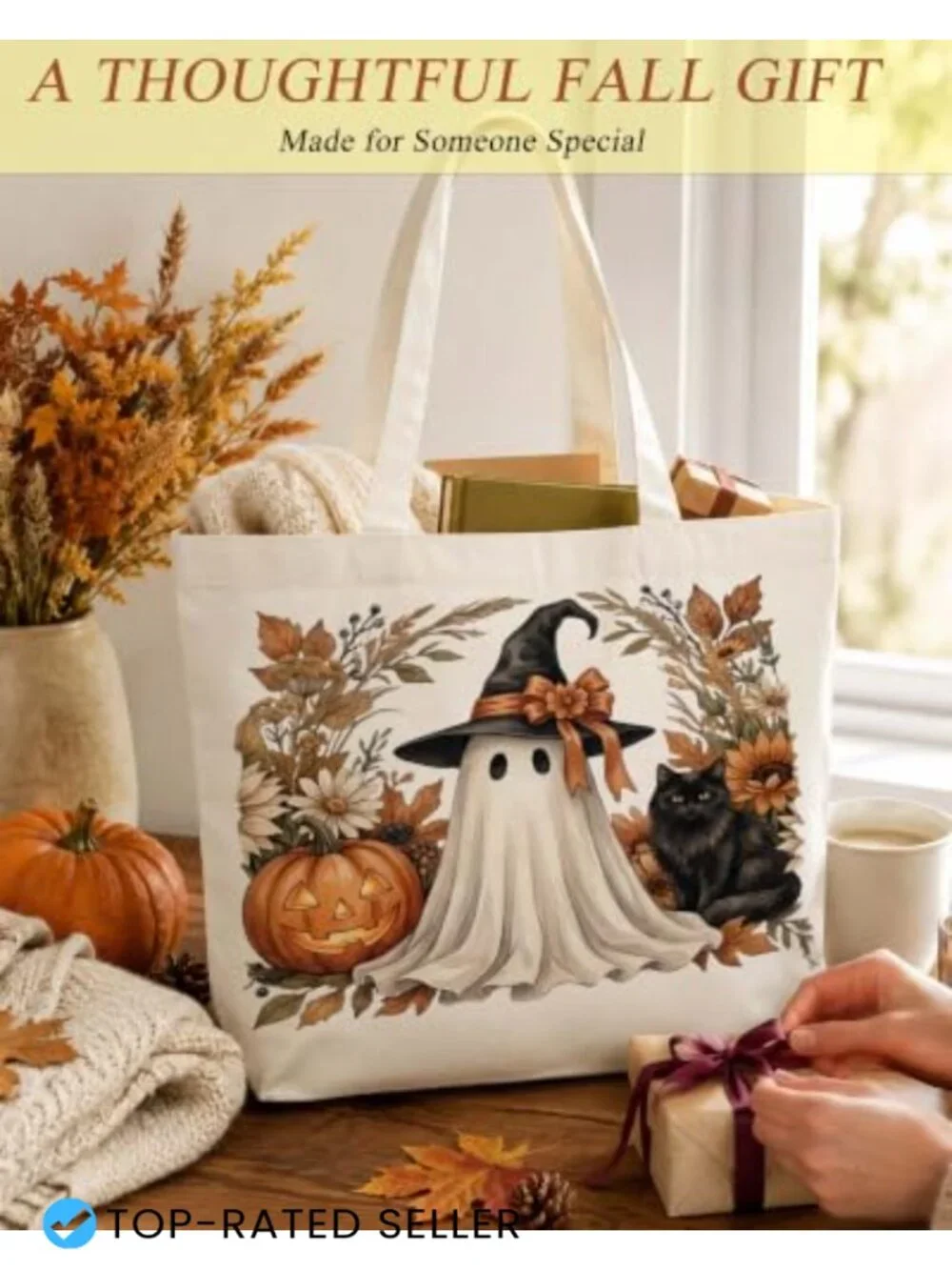 Autumn Canvas Tote Bag for Women, Reusable Shopping Work Bag